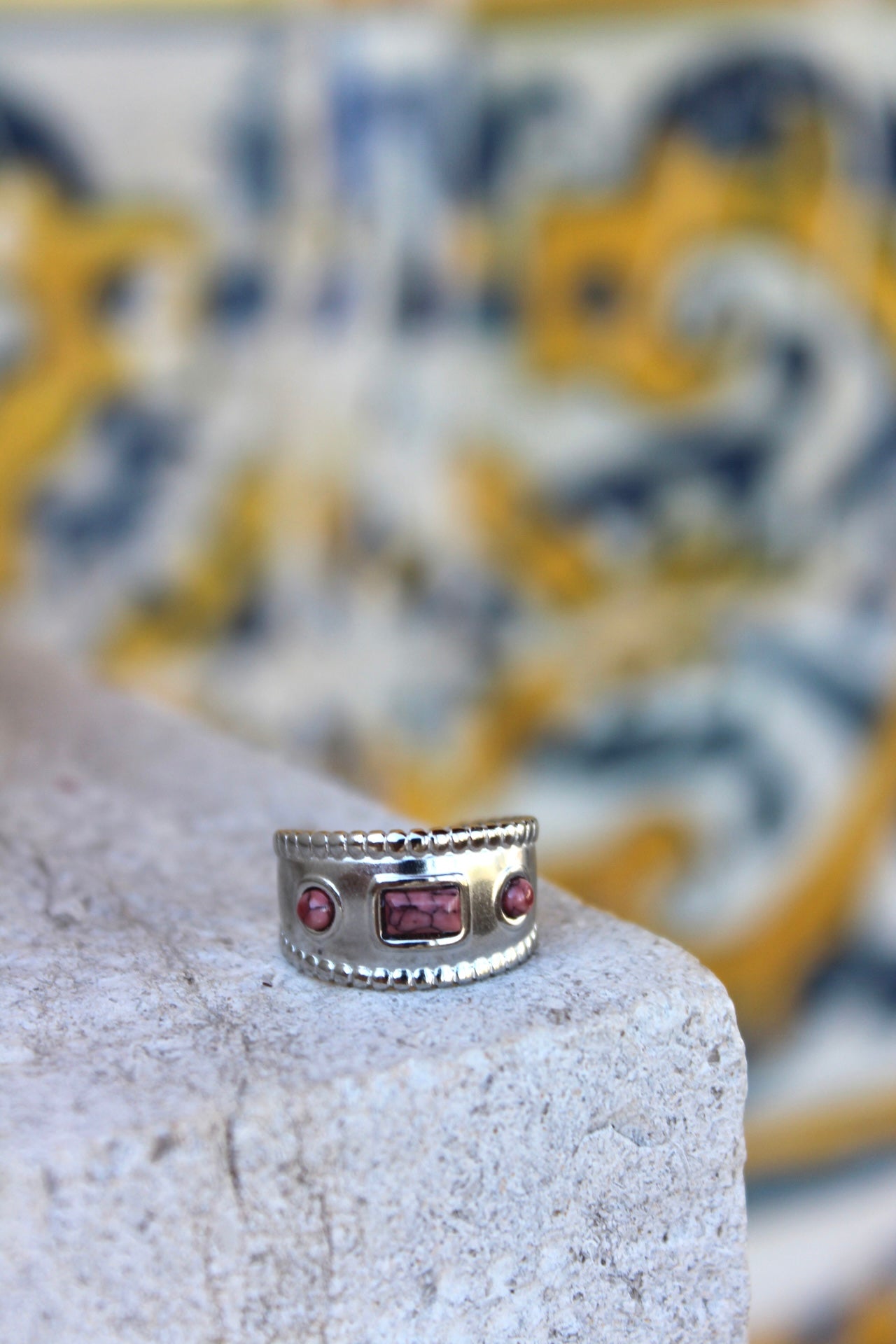 Anel Pedra Rosa Prateado