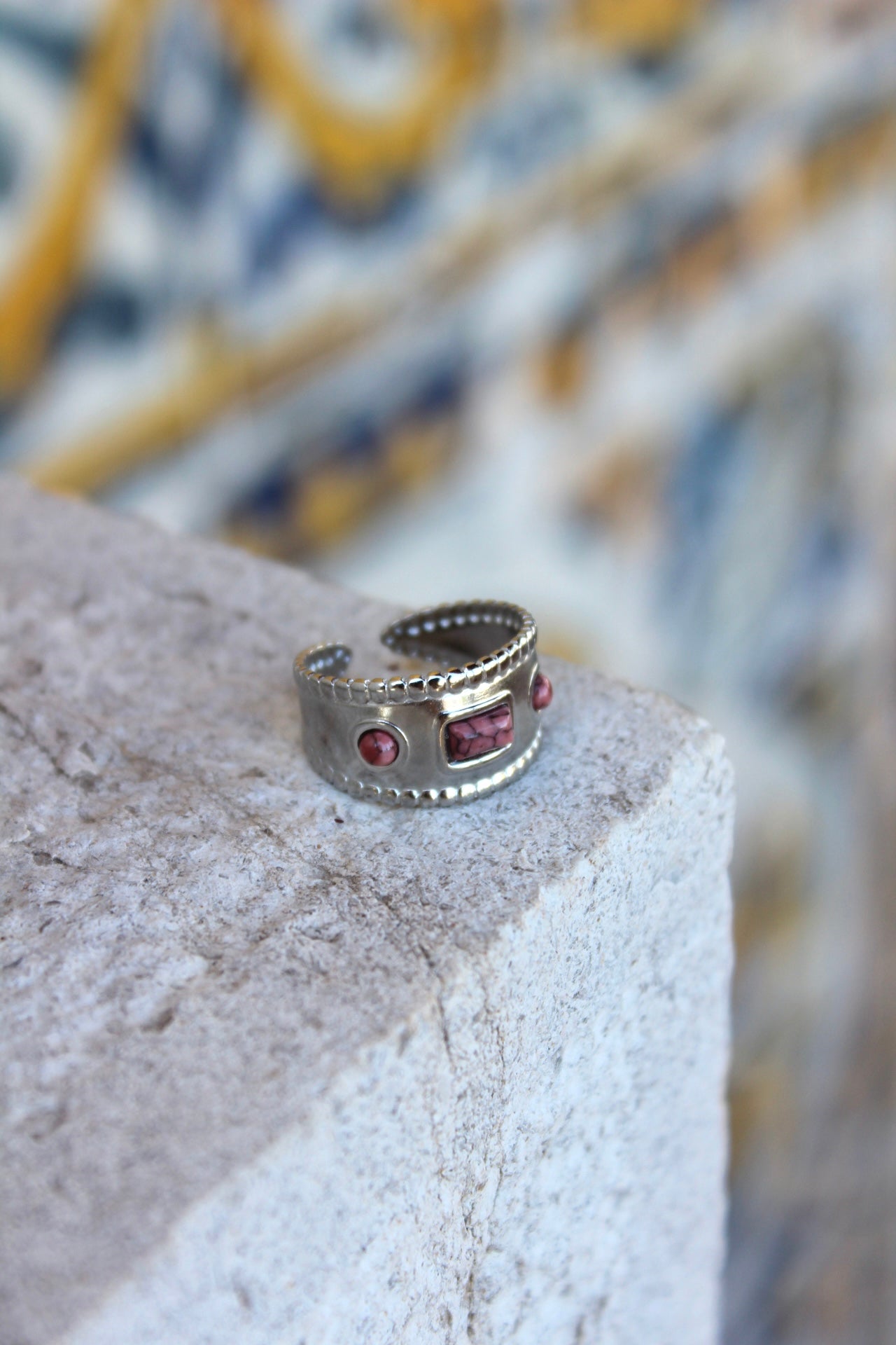 Anel Pedra Rosa Prateado