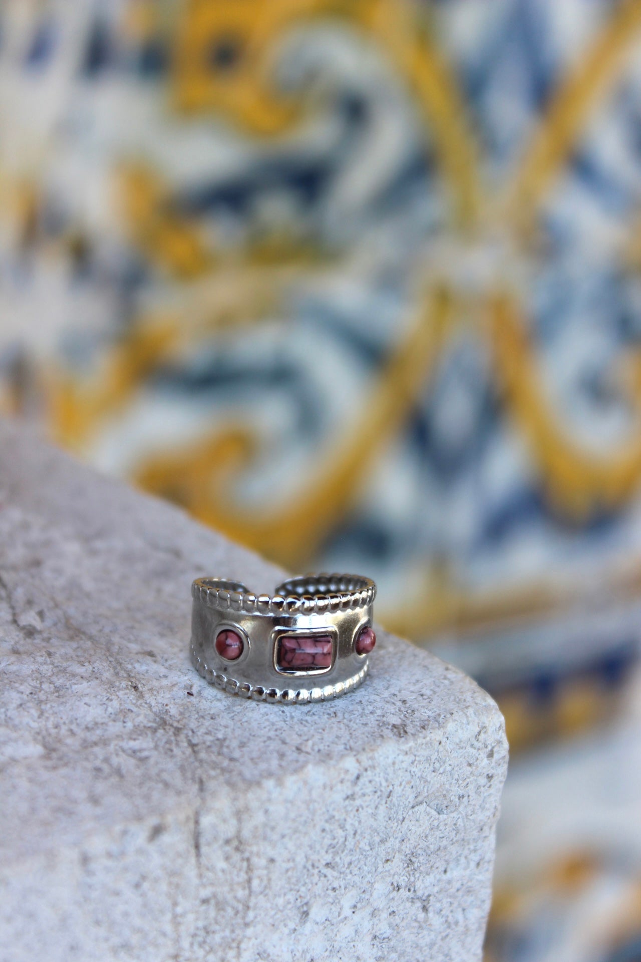 Anel Pedra Rosa Prateado